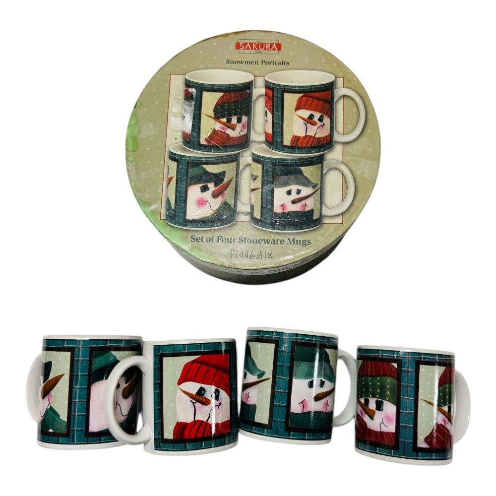 Vintage Sakura Snowmen Portraits Stoneware Mug Set Of 4 By Fiddlestix NIB